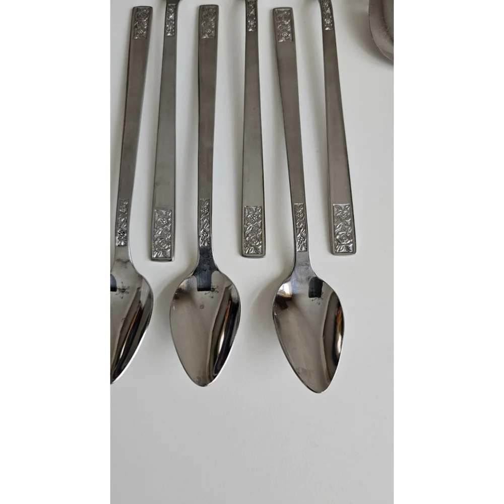 Customcraft Set of 6 Iced Tea Spoons & Pie Server Stainless Flatware Floral